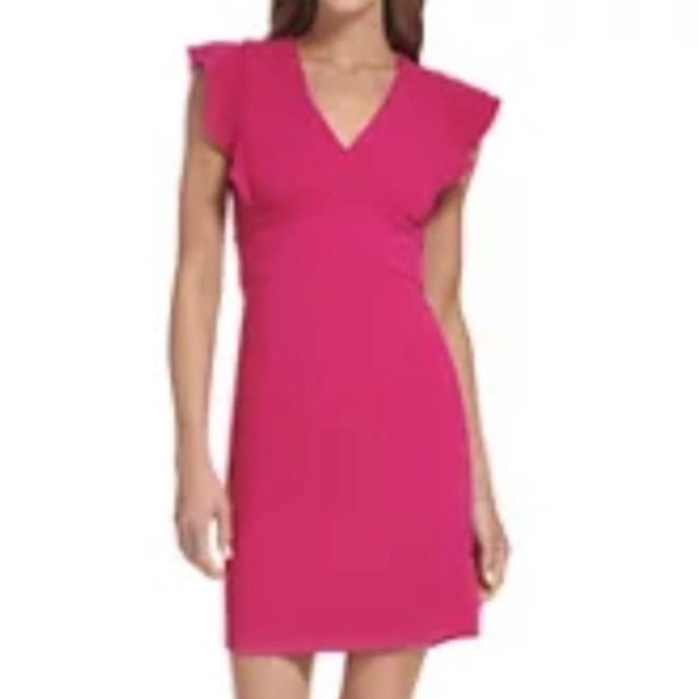 DKNY V-Neck Flutter Sleeve Dress in Hot Pink